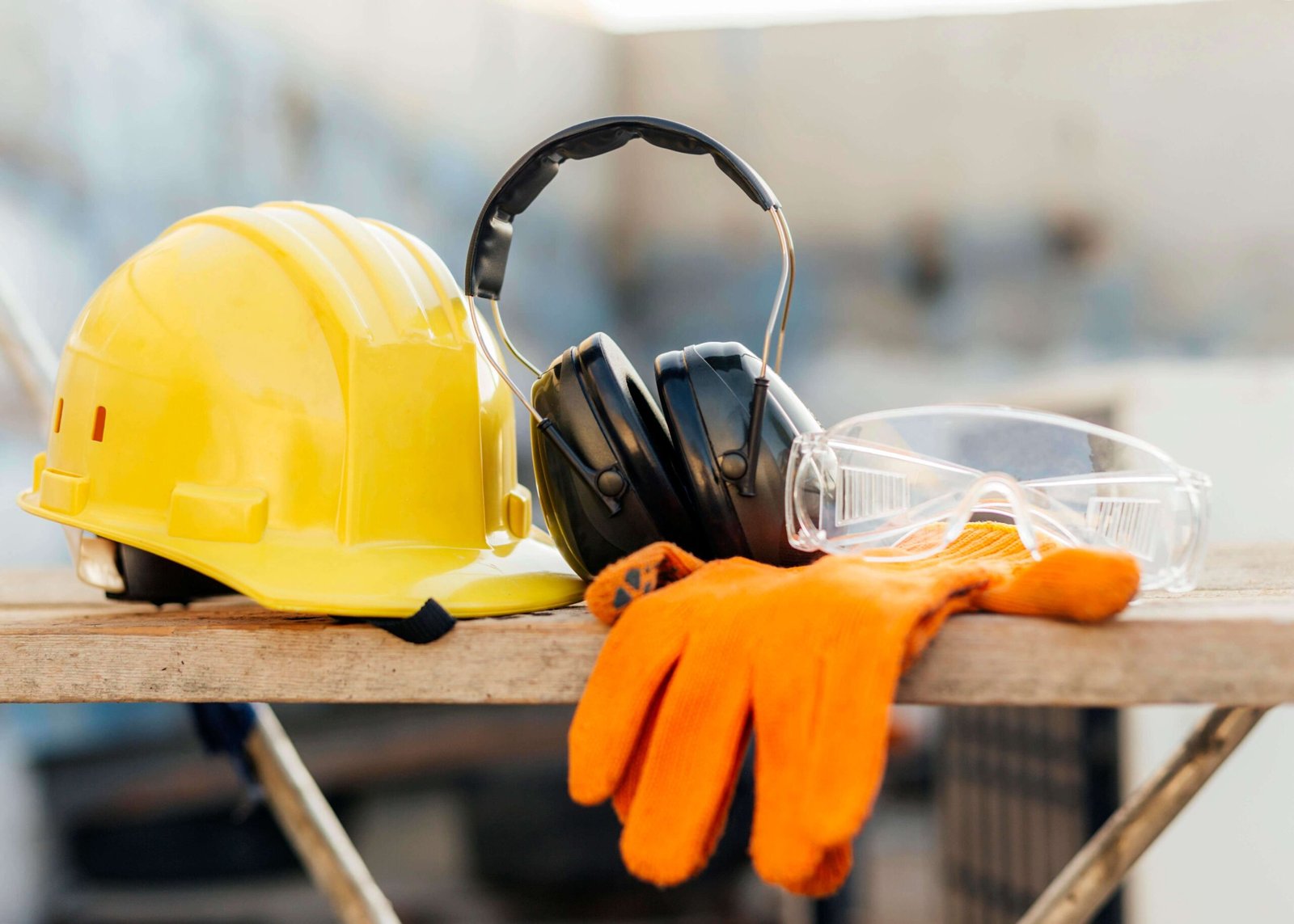 Protective safety gear including a hard hat, safety gloves, ear protection, and protective goggles placed on a work surface at an industrial site