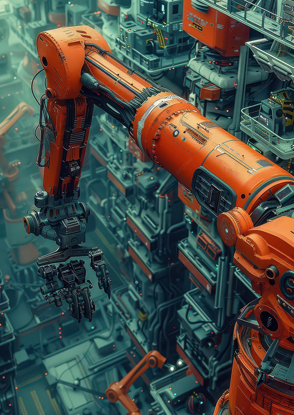 Close-up view of an advanced industrial robotic arm operating inside an automated manufacturing facility, highlighting robotics, automation, and smart factory technology