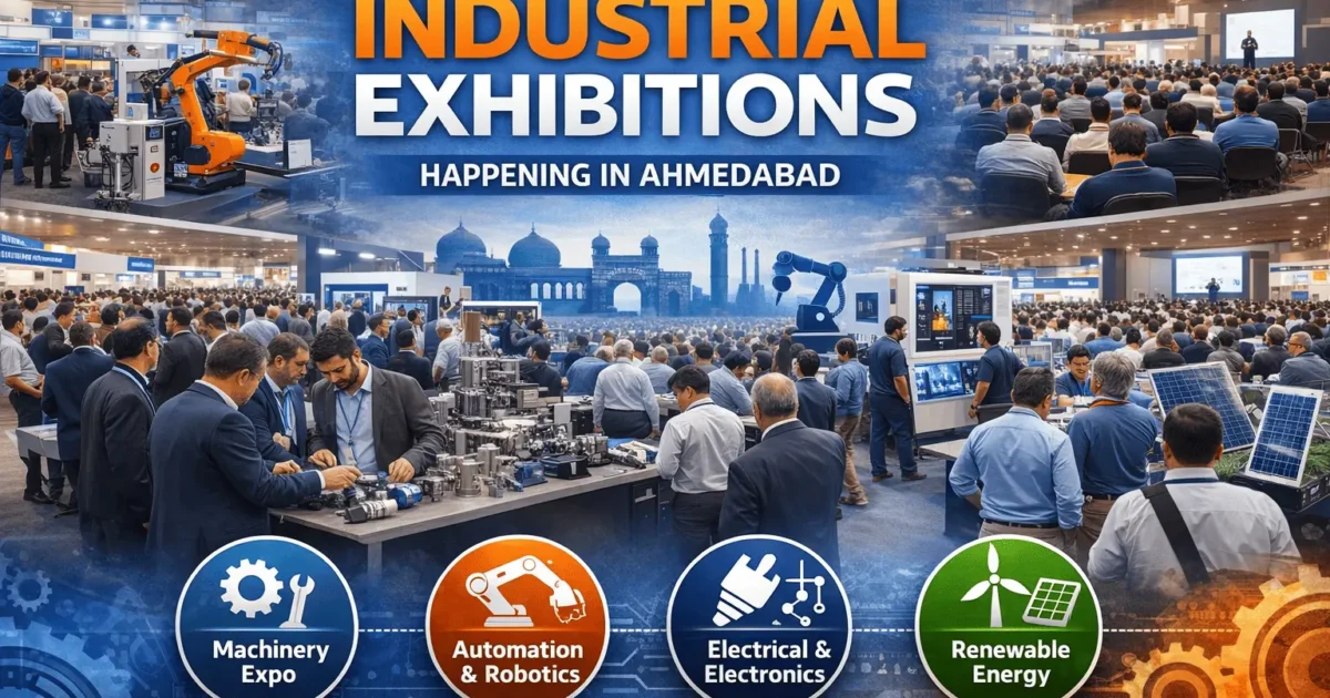 Crowded industrial exhibition in Ahmedabad with live machinery demos, automation technology, and renewable energy stalls
