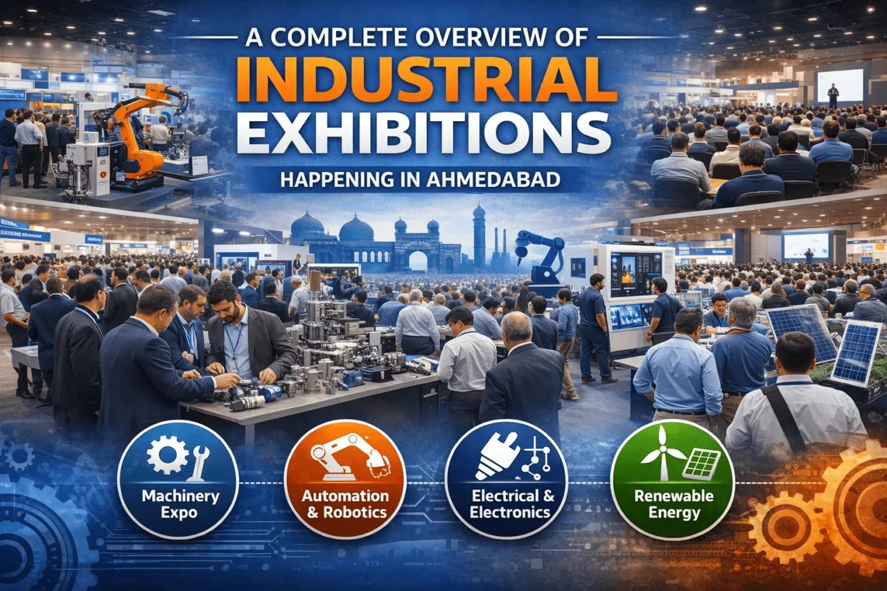 Crowded industrial exhibition in Ahmedabad with live machinery demos, automation technology, and renewable energy stalls