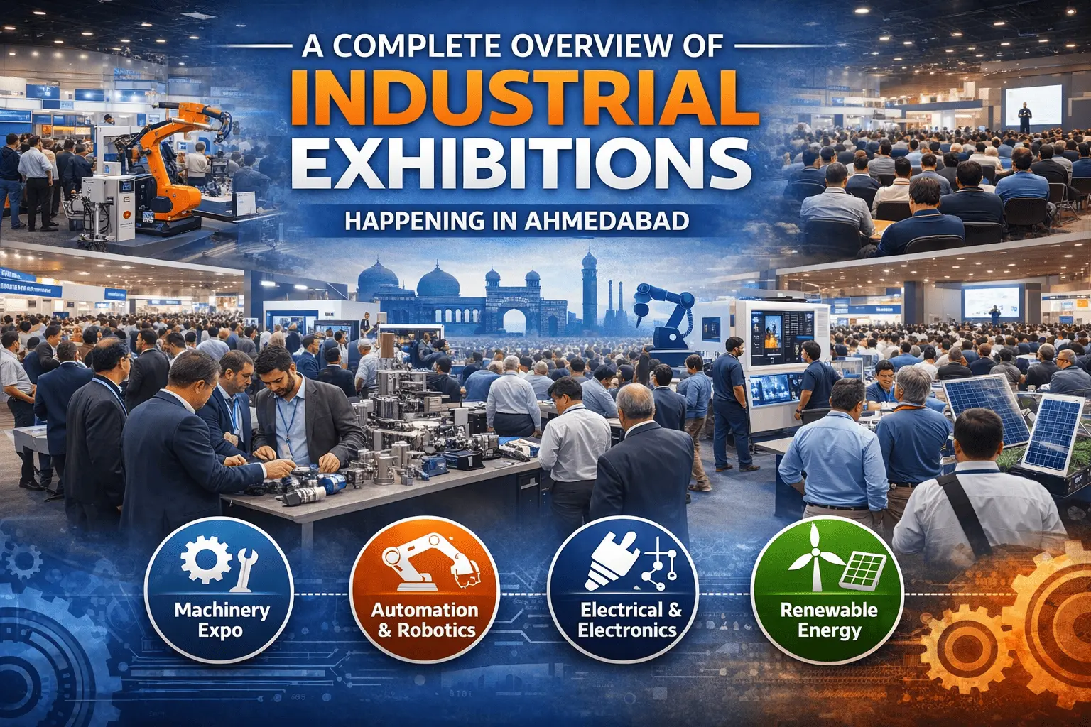 Crowded industrial exhibition in Ahmedabad with live machinery demos, automation technology, and renewable energy stalls
