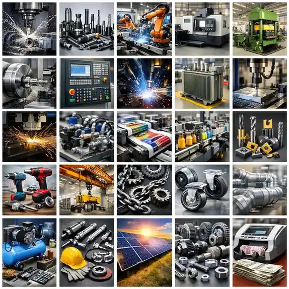 Industrial engineering and manufacturing collage featuring CNC machines, robotic arms, metal fabrication, industrial tools, automation equipment, and precision components.