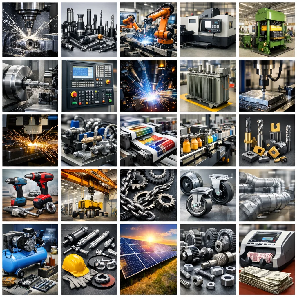 Collage of industrial manufacturing equipment including CNC machines, robotic welding, precision tools, factory automation systems, gears, compressors, packaging lines, and renewable energy technology used in modern industrial production.