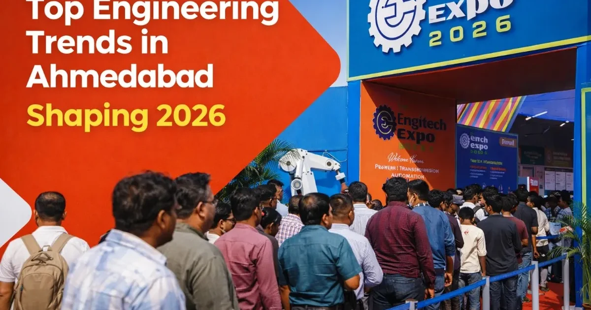 Modern industrial expo in Ahmedabad showcasing robotics, CNC machines, automation tech, and engineers exploring exhibits.