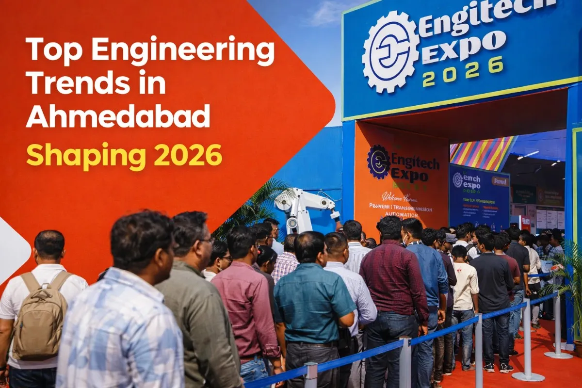 Modern industrial expo in Ahmedabad showcasing robotics, CNC machines, automation tech, and engineers exploring exhibits.