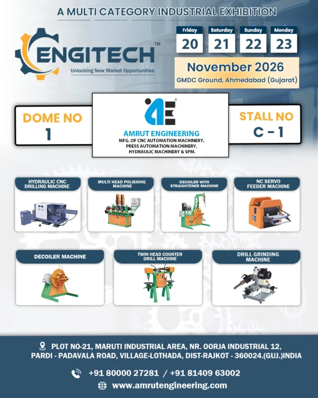 Amrut Engineering showcasing CNC automation and hydraulic machinery at EngiTech Expo 2026 Ahmedabad