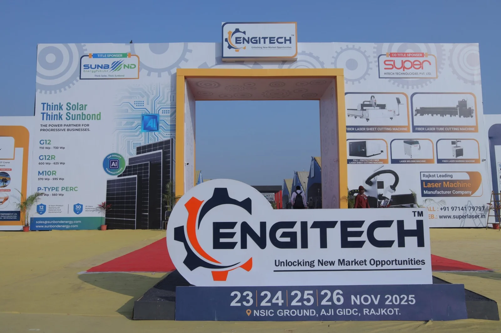 Main entrance of EngiTech Expo at NSIC Ground, Aji GIDC, Rajkot, showcasing engineering and manufacturing exhibition branding with dates 23–26 November 2025 and industrial technology sponsors.
