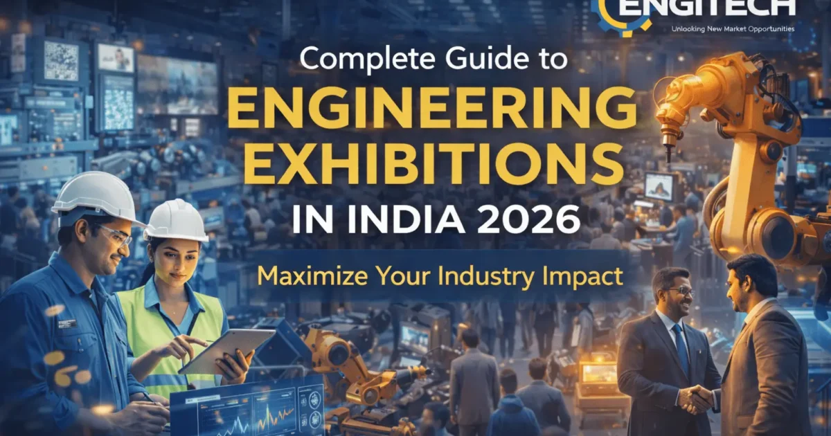 Promotional banner for engineering exhibitions in India 2026 showing a busy high-tech expo hall with robotic arms, engineers using digital dashboards, and two business professionals shaking hands under the Engitech logo.