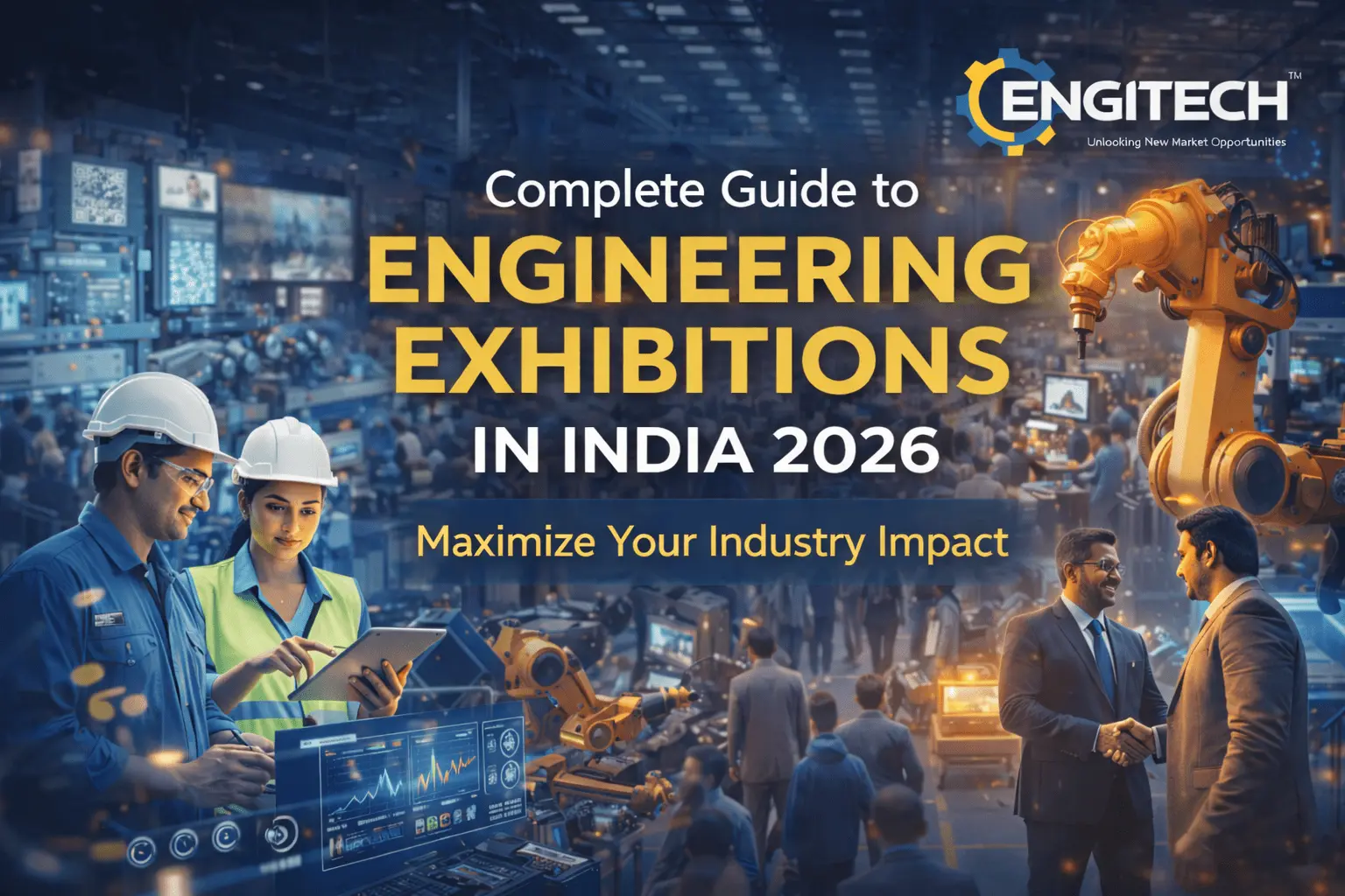 Promotional banner for engineering exhibitions in India 2026 showing a busy high-tech expo hall with robotic arms, engineers using digital dashboards, and two business professionals shaking hands under the Engitech logo.