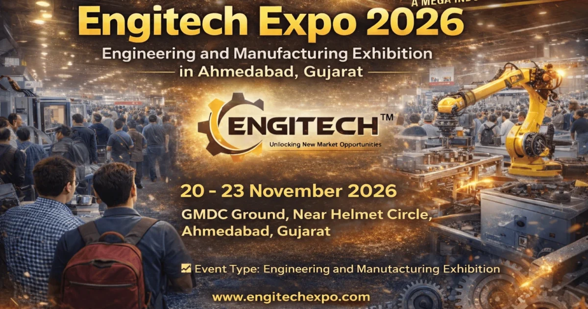 Engitech Expo 2026 in Ahmedabad showcasing industrial robots, advanced machinery, and engineering exhibition crowd at GMDC Ground, Gujarat.