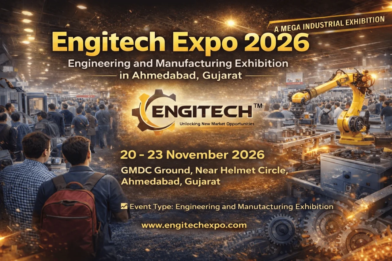 Engitech Expo 2026 in Ahmedabad showcasing industrial robots, advanced machinery, and engineering exhibition crowd at GMDC Ground, Gujarat.