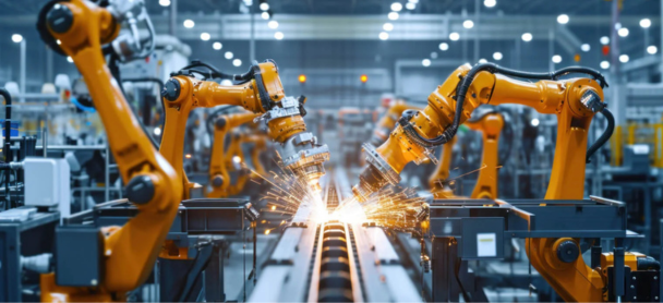 Industrial robotic arms performing automated welding on a production line inside a modern smart factory environment