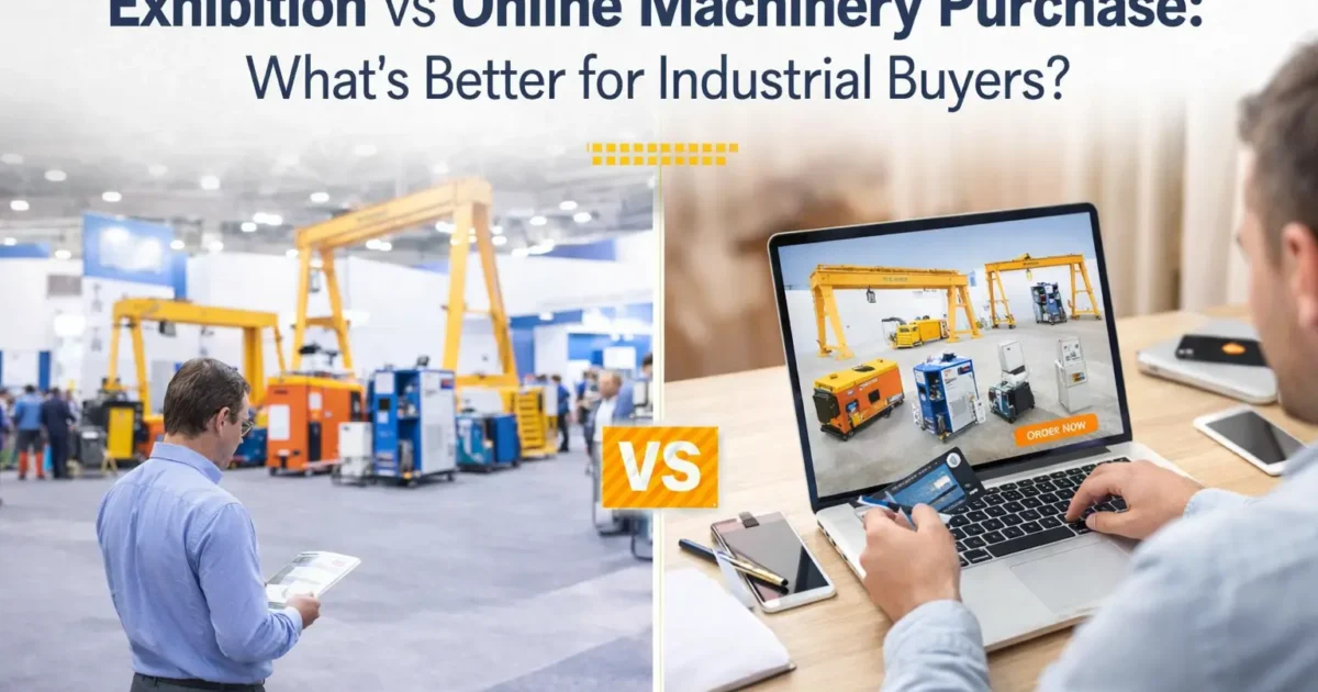 Split-screen banner showing an industrial exhibition on the left with buyers reviewing equipment, and online machinery purchasing on the right via laptop, comparing offline and digital buying methods.