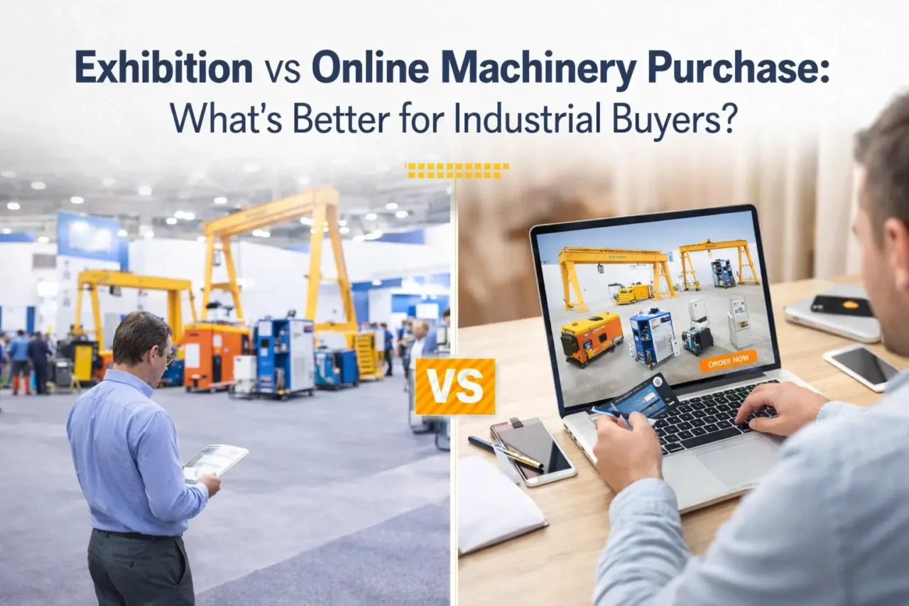 Split-screen banner showing an industrial exhibition on the left with buyers reviewing equipment, and online machinery purchasing on the right via laptop, comparing offline and digital buying methods.