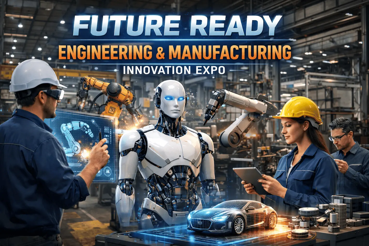Engineers and humanoid robot working inside a modern smart factory with robotic arms, AI automation, electric vehicle prototype and advanced manufacturing technology at Future Ready Engineering & Manufacturing Innovation Expo.