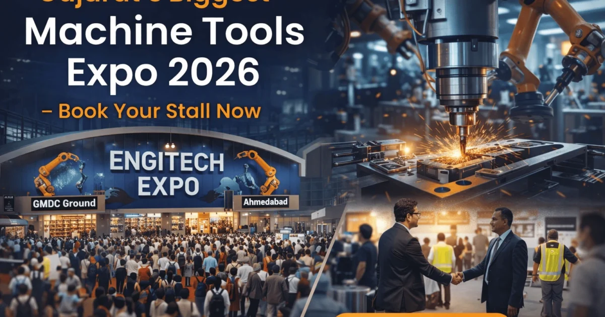 Crowd gathered at Engitech Expo 2026 in Ahmedabad with industrial robots and CNC machines in action, showcasing Gujarat's biggest machine tools exhibition.