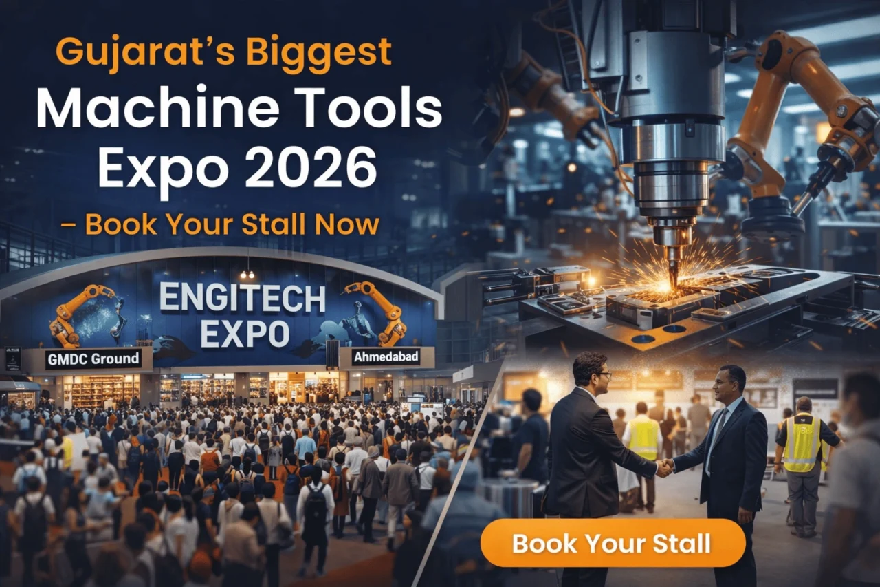Crowd gathered at Engitech Expo 2026 in Ahmedabad with industrial robots and CNC machines in action, showcasing Gujarat's biggest machine tools exhibition.