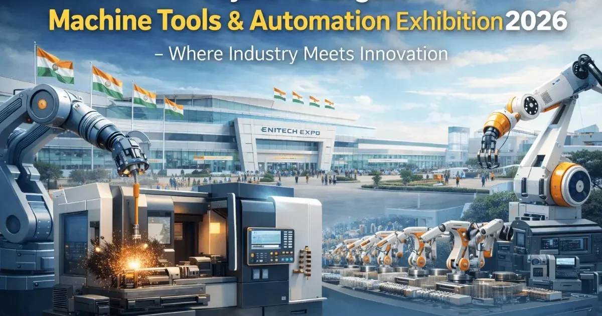 Robotic arms and CNC machine demonstration at Engitech Expo 2026, Gujarat’s largest machine tools and automation exhibition in Ahmedabad