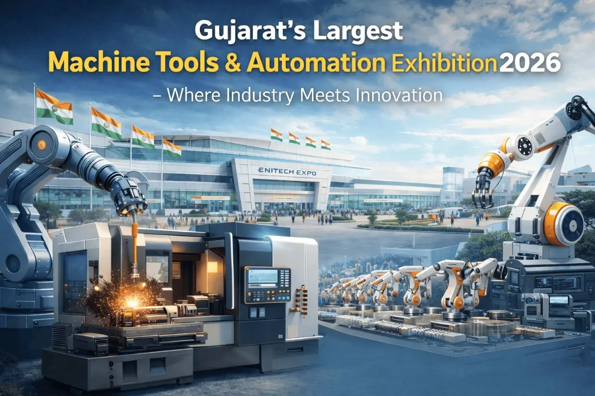 Robotic arms and CNC machine demonstration at Engitech Expo 2026, Gujarat’s largest machine tools and automation exhibition in Ahmedabad
