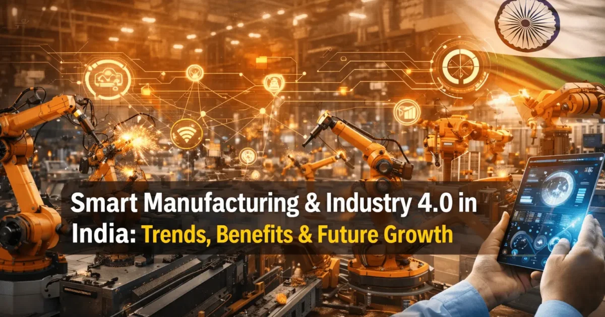 Industrial robotic arms working in a smart factory in India with digital Industry 4.0 technology interface, automation systems and connected manufacturing network 2026