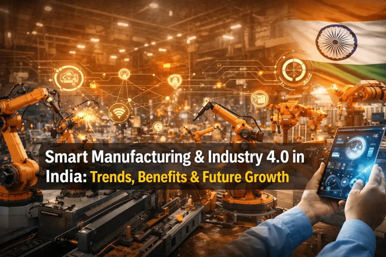 Industrial robotic arms working in a smart factory in India with digital Industry 4.0 technology interface, automation systems and connected manufacturing network 2026