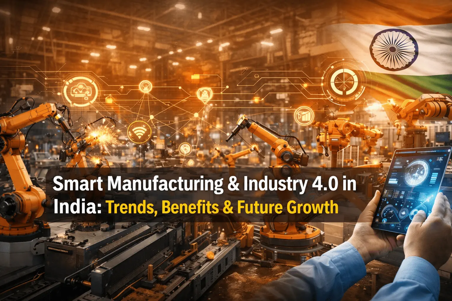Industrial robotic arms working in a smart factory in India with digital Industry 4.0 technology interface, automation systems and connected manufacturing network 2026