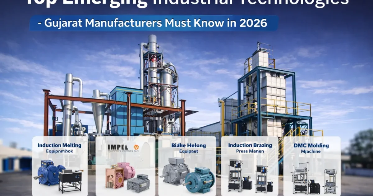 Industrial technologies in Gujarat 2026 including automation, AI, IoT, robotics, CNC, 3D printing, and renewable energy.
