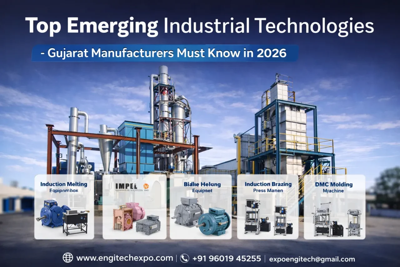Industrial technologies in Gujarat 2026 including automation, AI, IoT, robotics, CNC, 3D printing, and renewable energy.