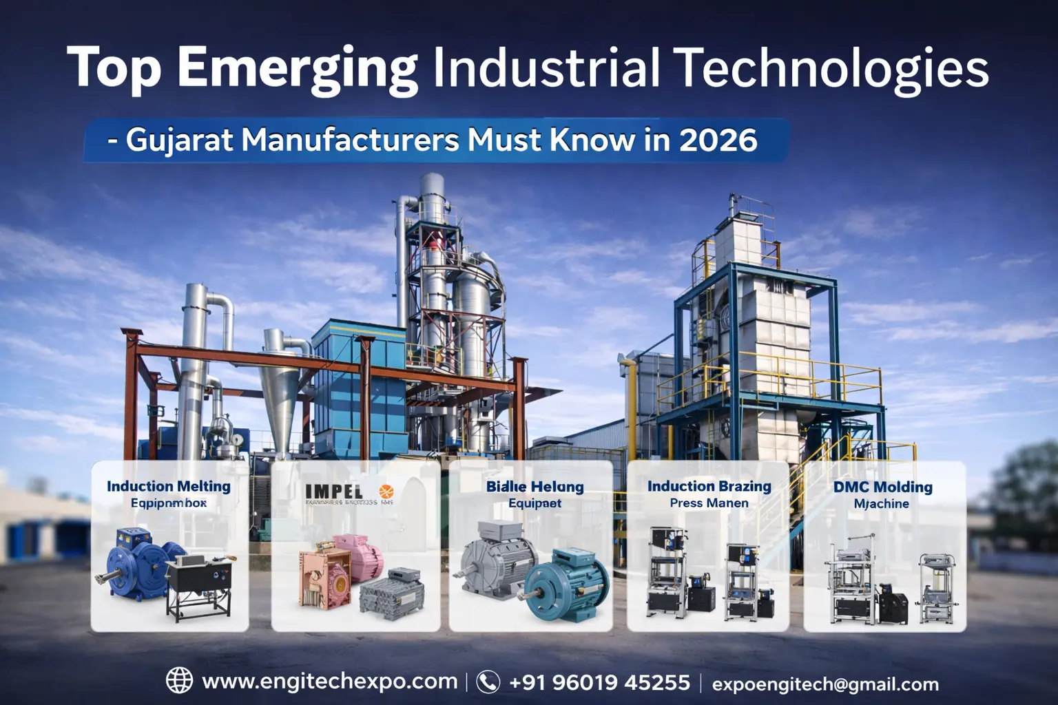Industrial technologies in Gujarat 2026 including automation, AI, IoT, robotics, CNC, 3D printing, and renewable energy.