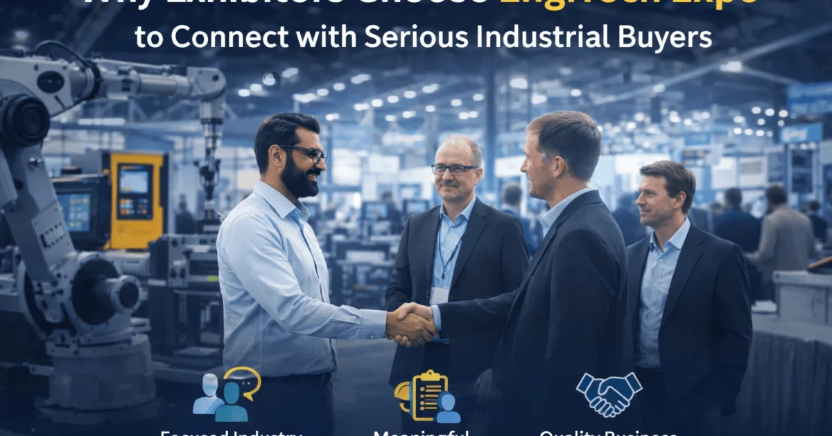 Industrial exhibition floor showing advanced manufacturing machines and automation technology, representing why exhibitors choose EngiTech Expo to connect with serious industrial buyers