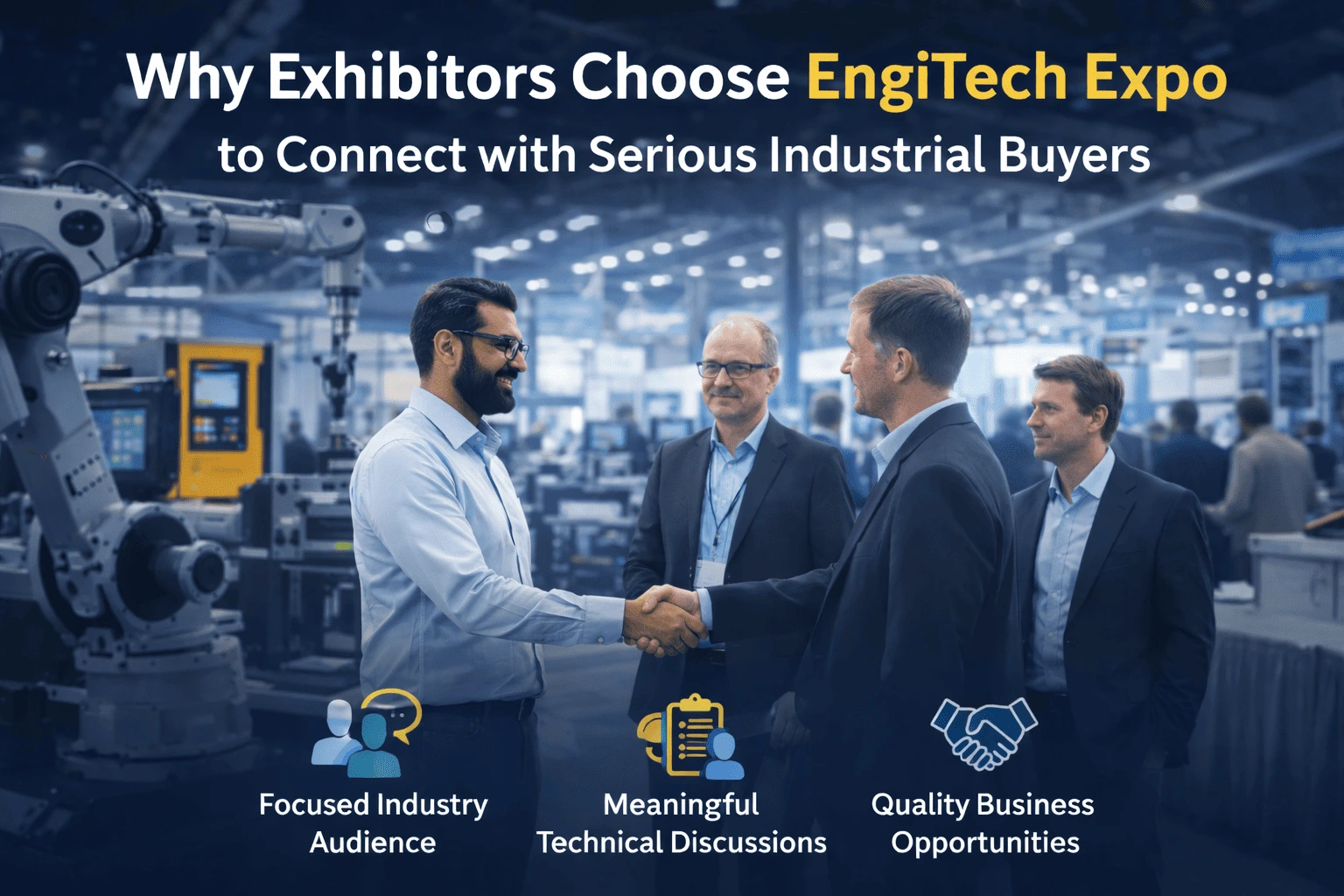 Industrial exhibition floor showing advanced manufacturing machines and automation technology, representing why exhibitors choose EngiTech Expo to connect with serious industrial buyers