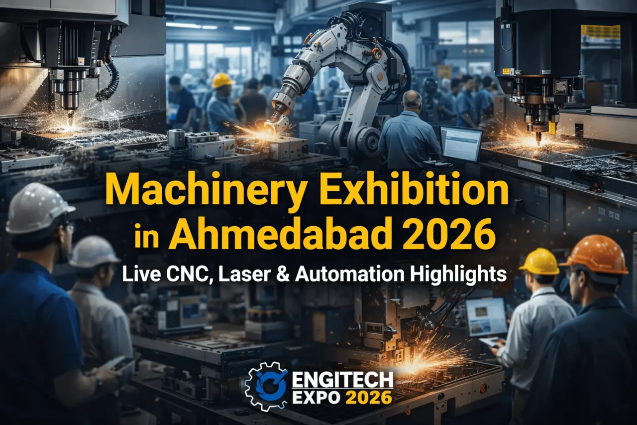Live CNC machining, laser cutting and industrial automation demonstration at Machinery Exhibition Ahmedabad 2026