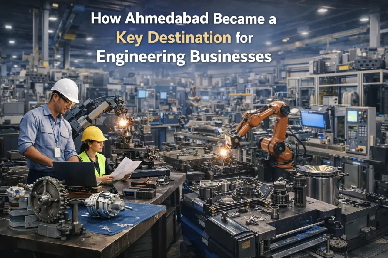 Ahmedabad industrial hub with engineering factories, automation machinery, and manufacturing growth in 2026