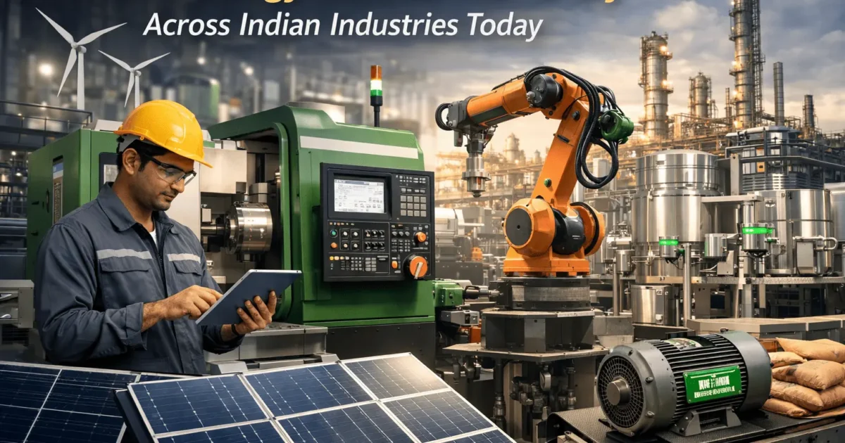 Engineer using advanced energy-efficient machinery in modern Indian factory with automation, robotics, and solar power systems.