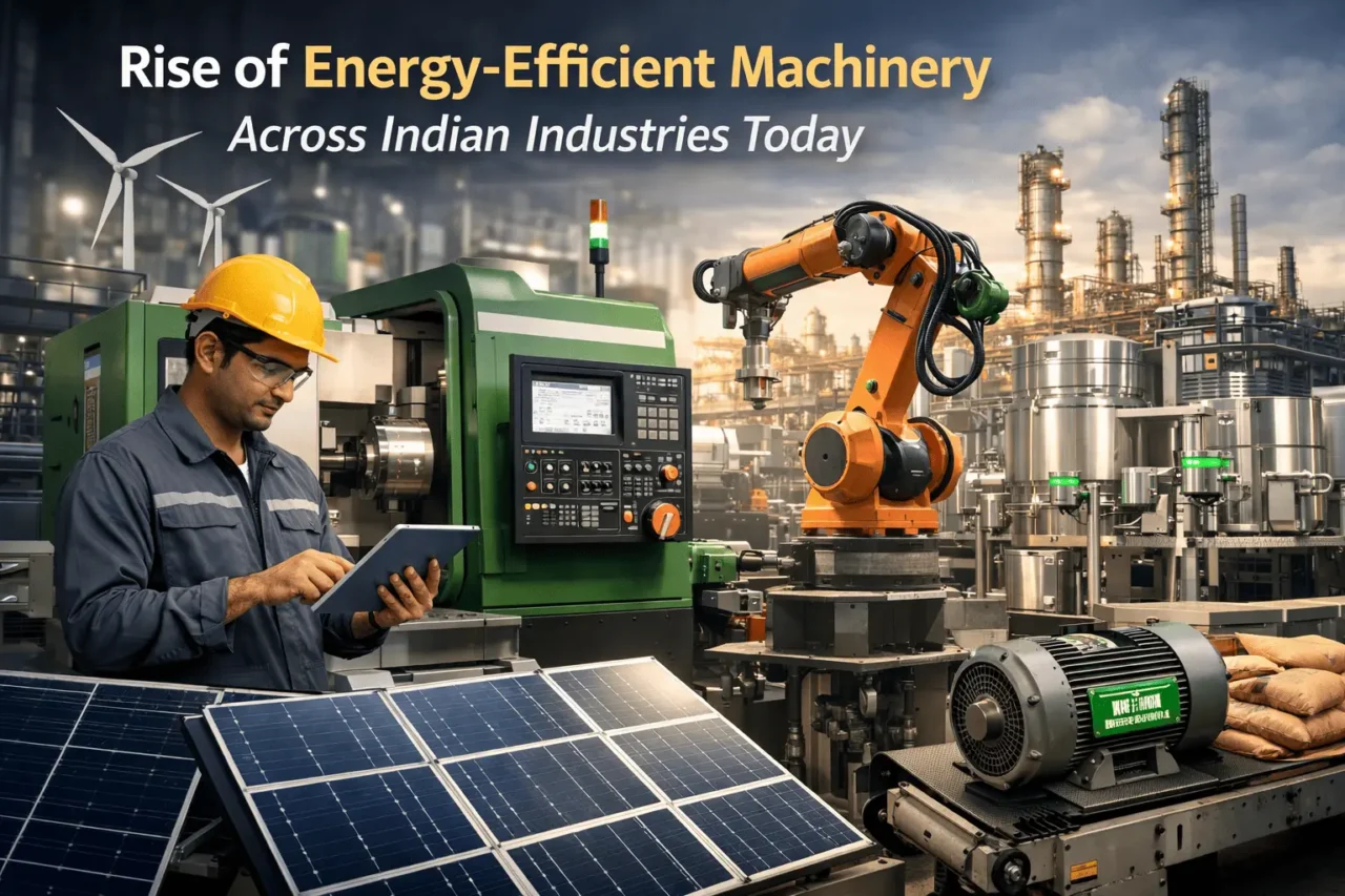 Engineer using advanced energy-efficient machinery in modern Indian factory with automation, robotics, and solar power systems.