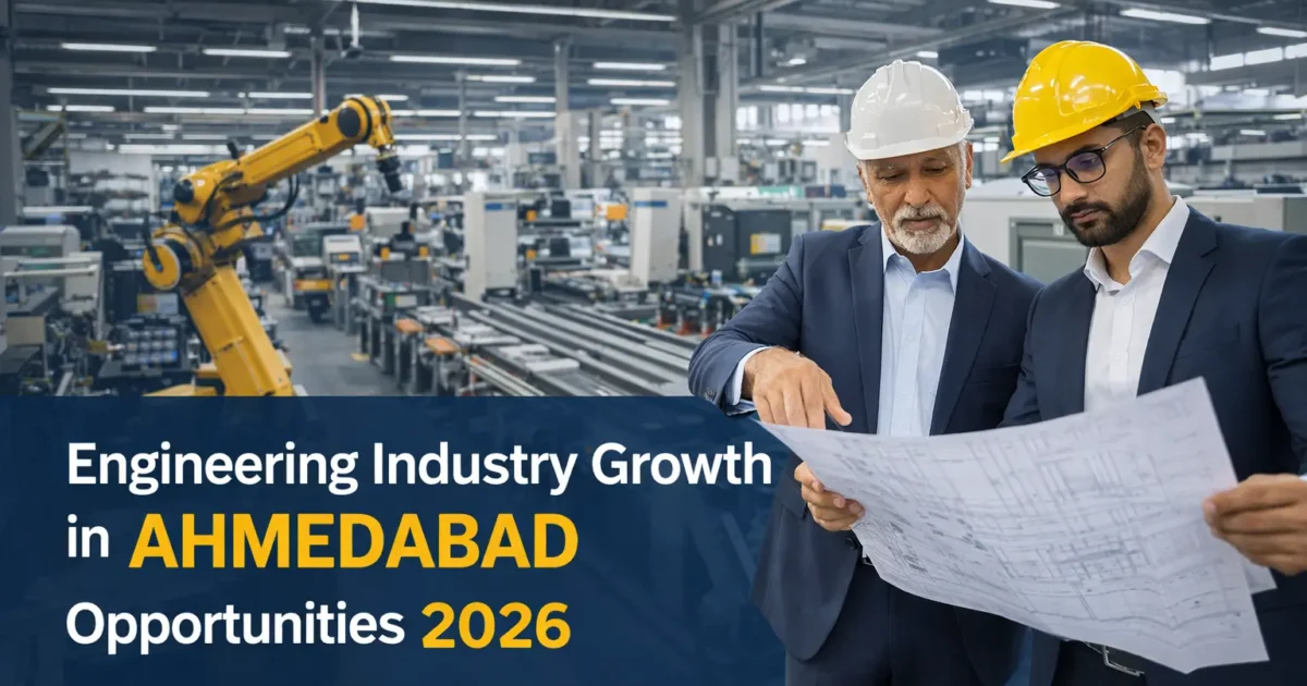 Engineers reviewing blueprint in modern factory showing engineering industry growth and business opportunities in Ahmedabad 2026.