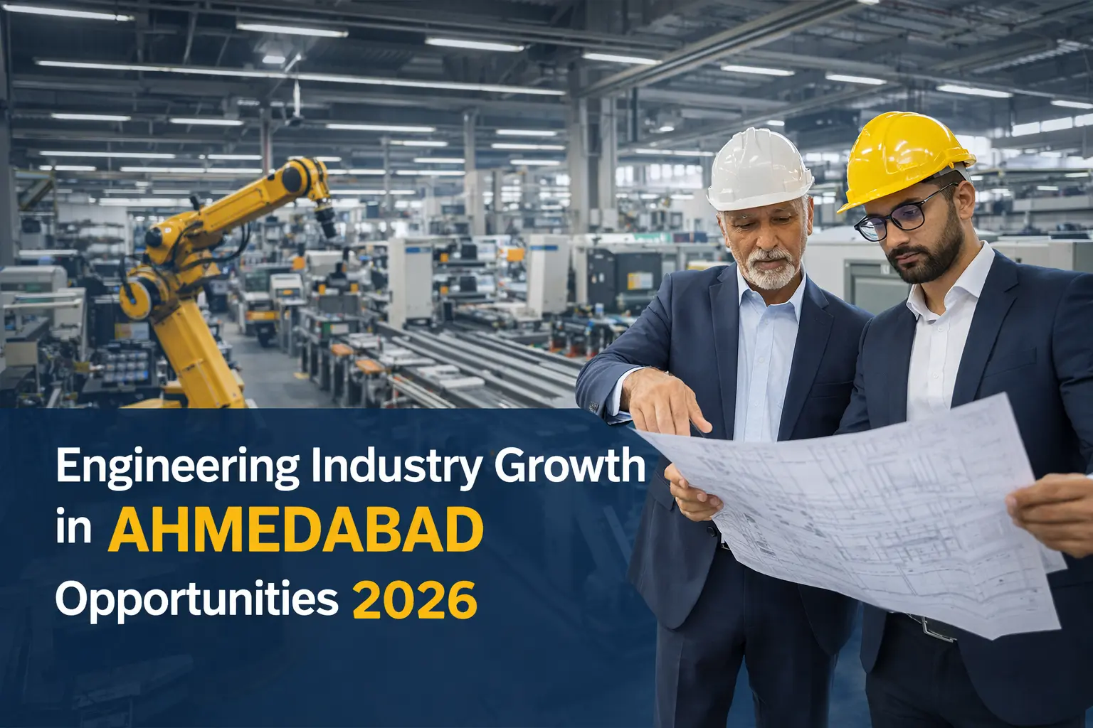 Engineers reviewing blueprint in modern factory showing engineering industry growth and business opportunities in Ahmedabad 2026.