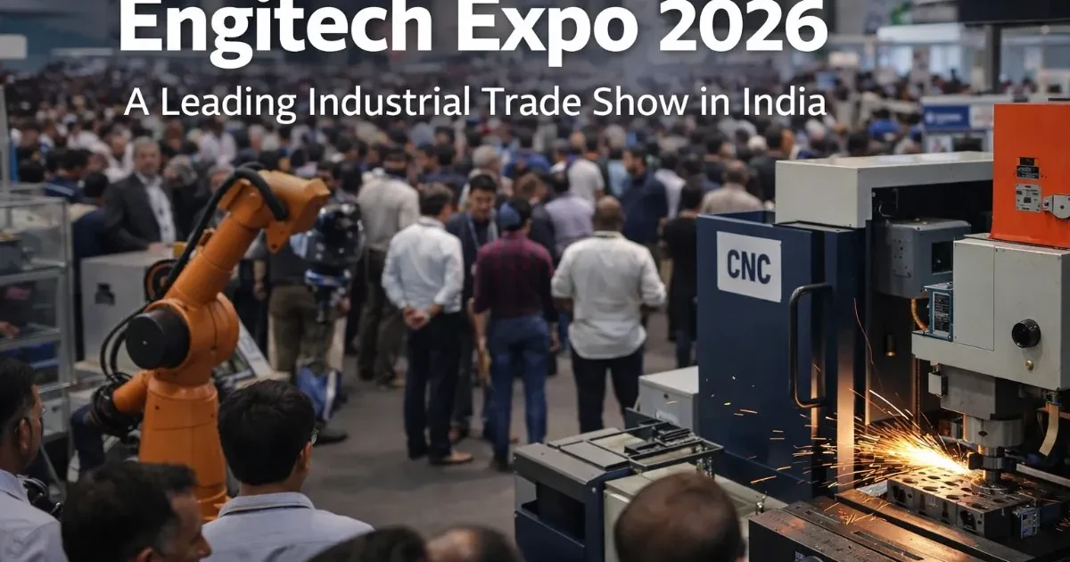Crowd at Engitech Expo 2026 watching live CNC machining and industrial automation demo in Ahmedabad exhibition hall.