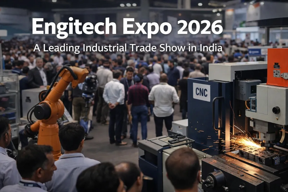 Crowd at Engitech Expo 2026 watching live CNC machining and industrial automation demo in Ahmedabad exhibition hall.