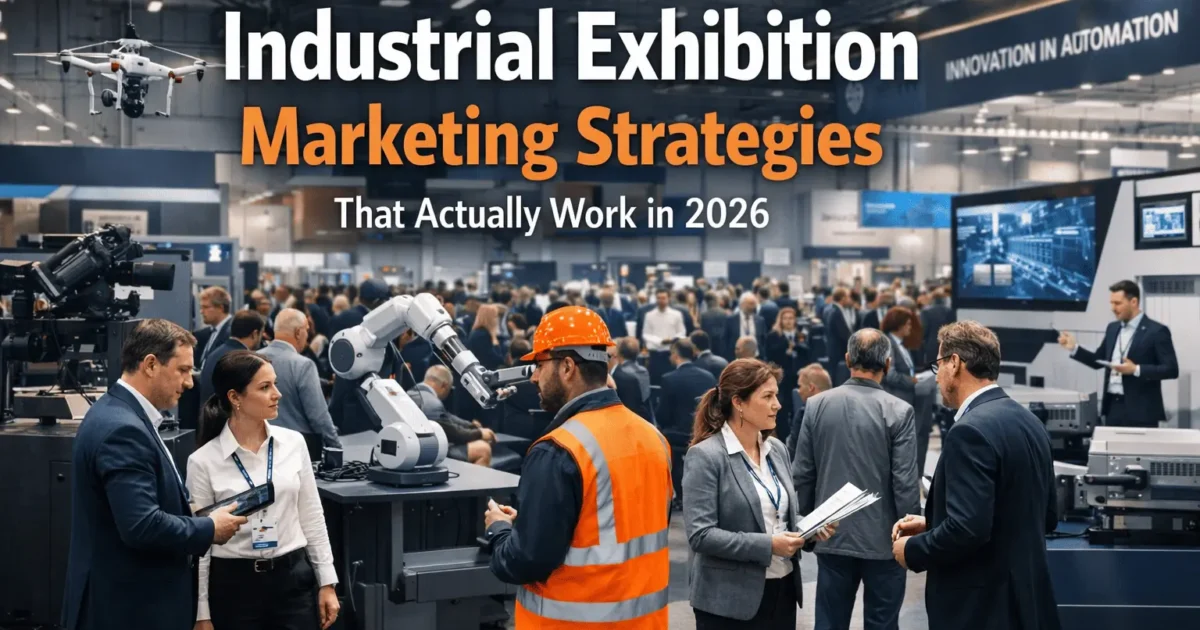 Industrial exhibition stall with machinery demos, visitors engaging with engineers and automation technology in 2026 expo