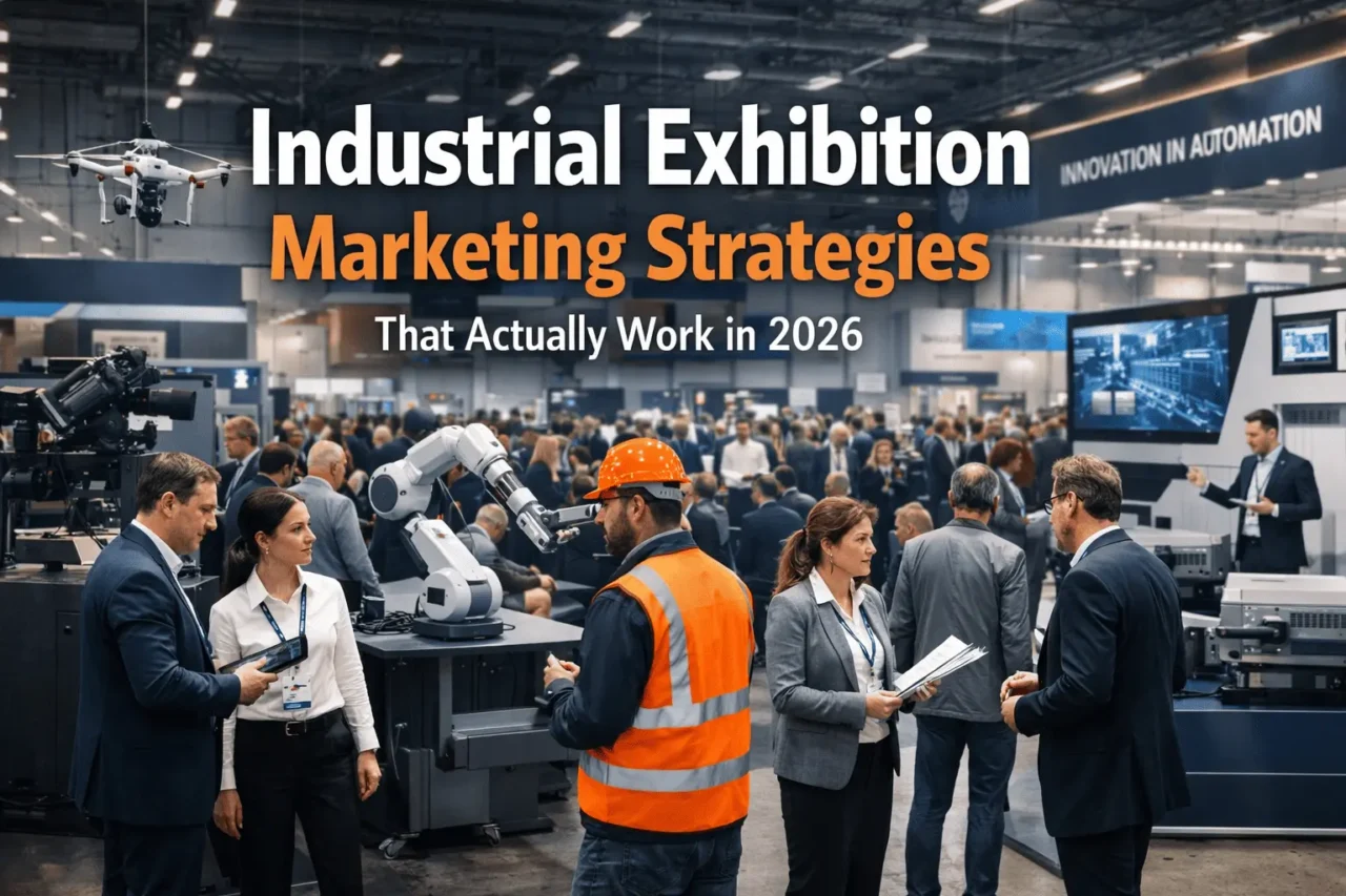 Industrial exhibition stall with machinery demos, visitors engaging with engineers and automation technology in 2026 expo