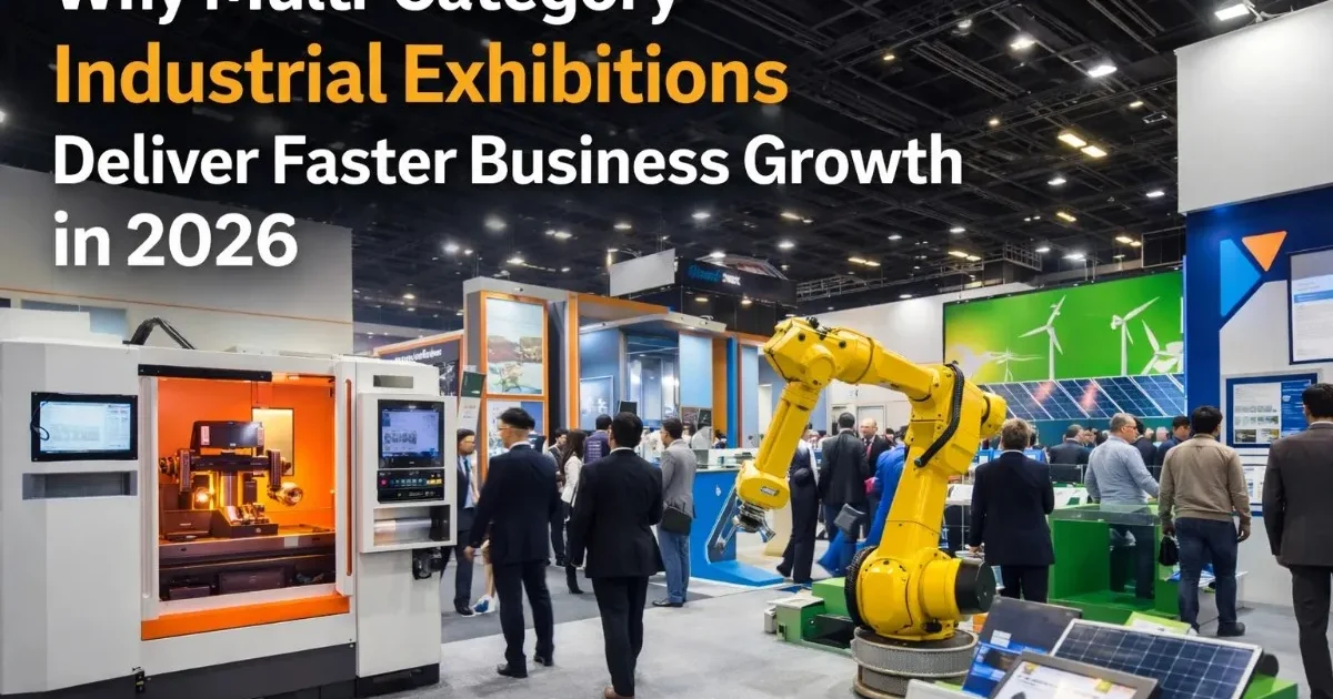 CNC machines, robotics, and energy booths at a multi-category industrial exhibition driving business growth in 2026