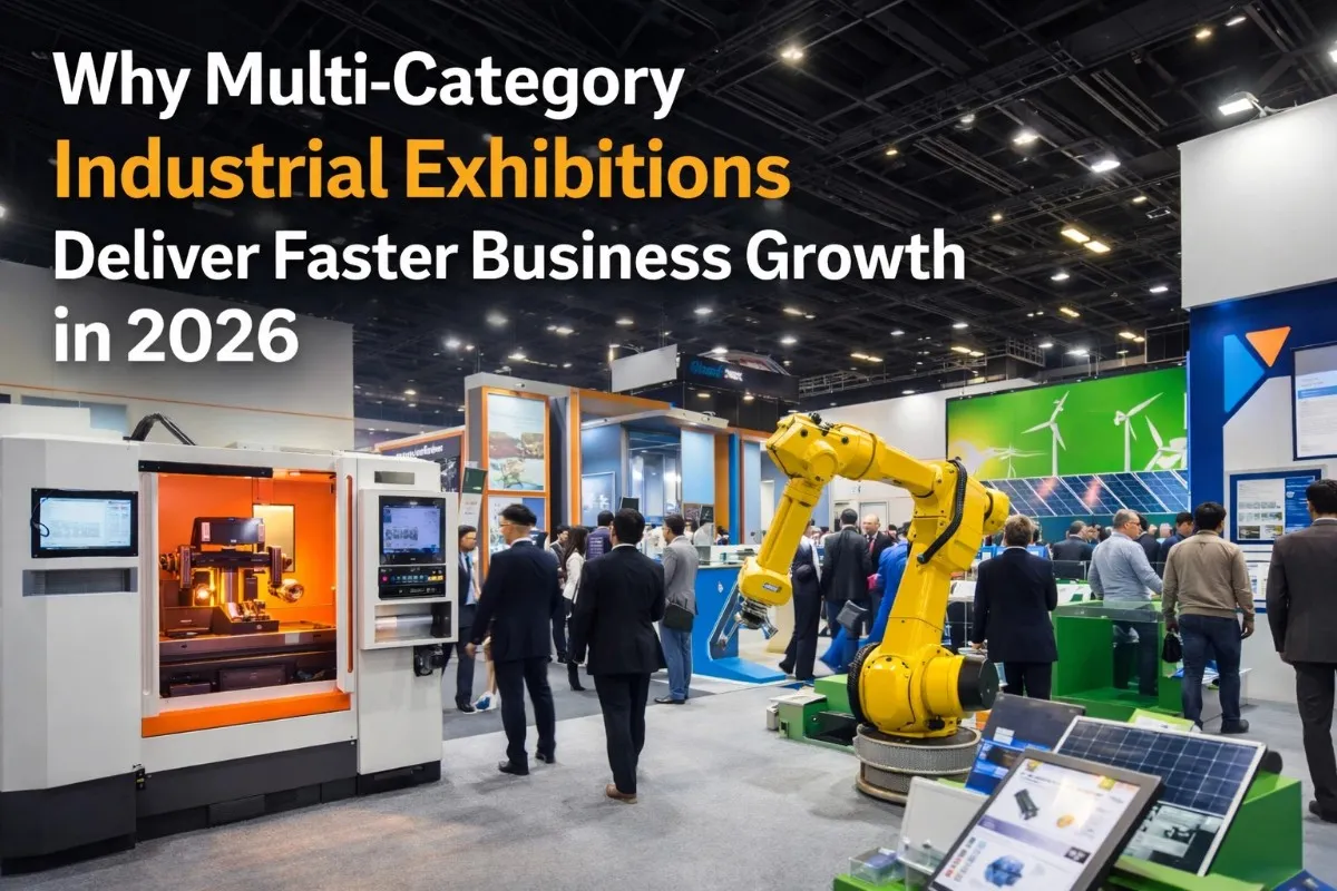 CNC machines, robotics, and energy booths at a multi-category industrial exhibition driving business growth in 2026