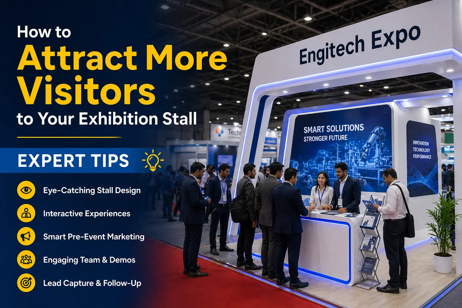 Modern exhibition stall with crowd, Engitech Expo branding, expert tips text, and professionals engaging visitors actively