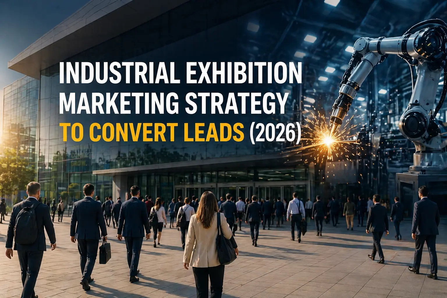 Industrial exhibition entrance with professionals and bold title on lead conversion strategy for 2026 with robotic arm backdrop.