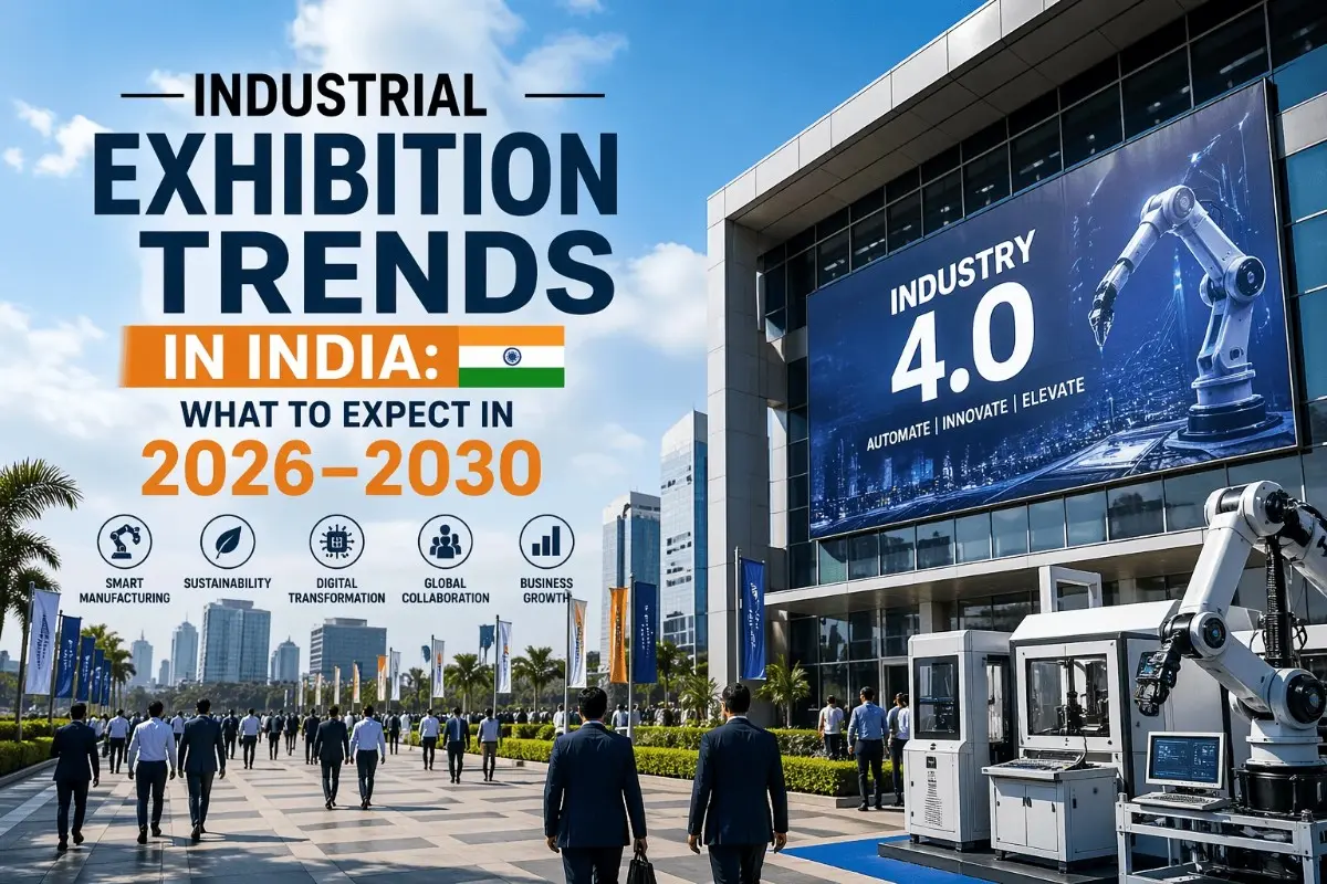 Outdoor industrial exhibition in India with robotics, professionals, and smart manufacturing technology displays visible