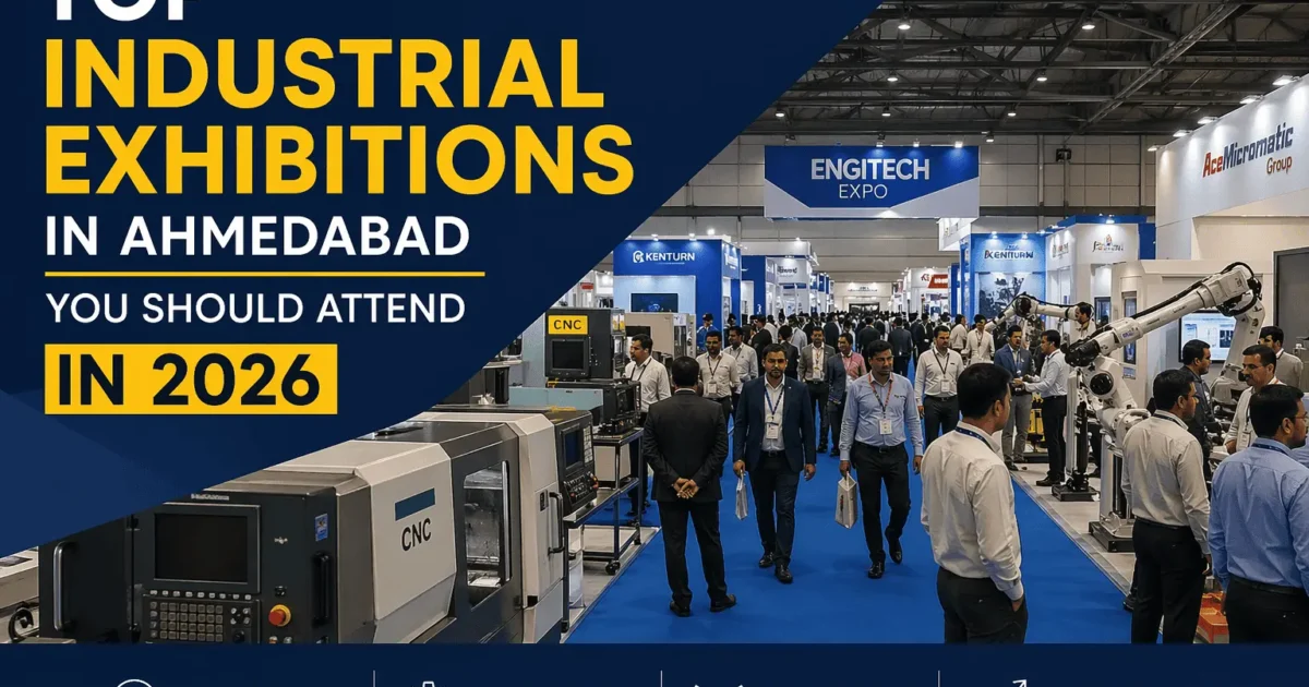 Industrial exhibition in Ahmedabad 2026 with CNC machines, robotics, and business visitors exploring engineering expo