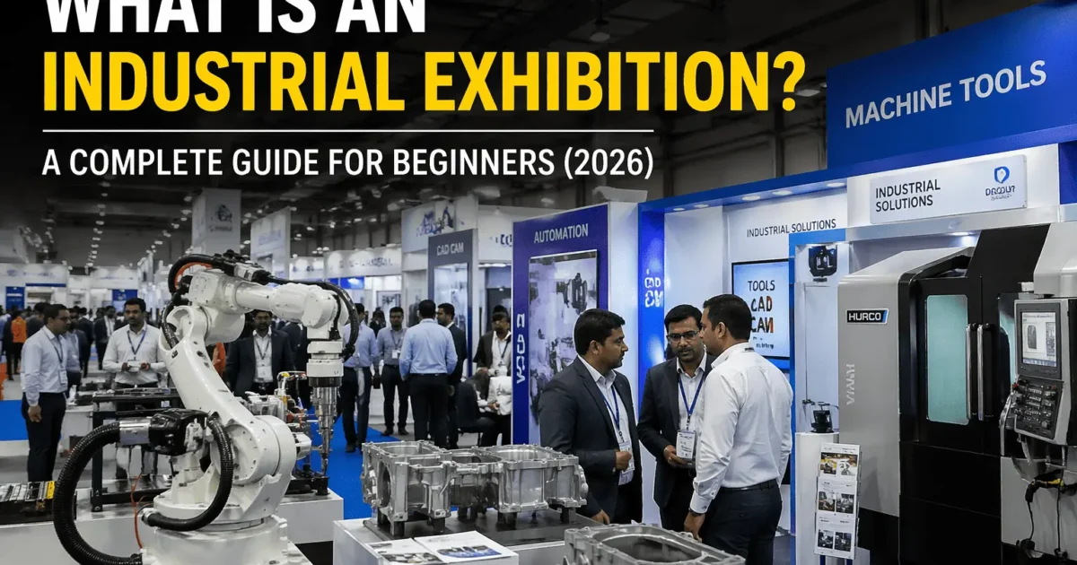 Industrial exhibition in 2026 showing CNC machines, robotics, and engineers interacting at a manufacturing trade show