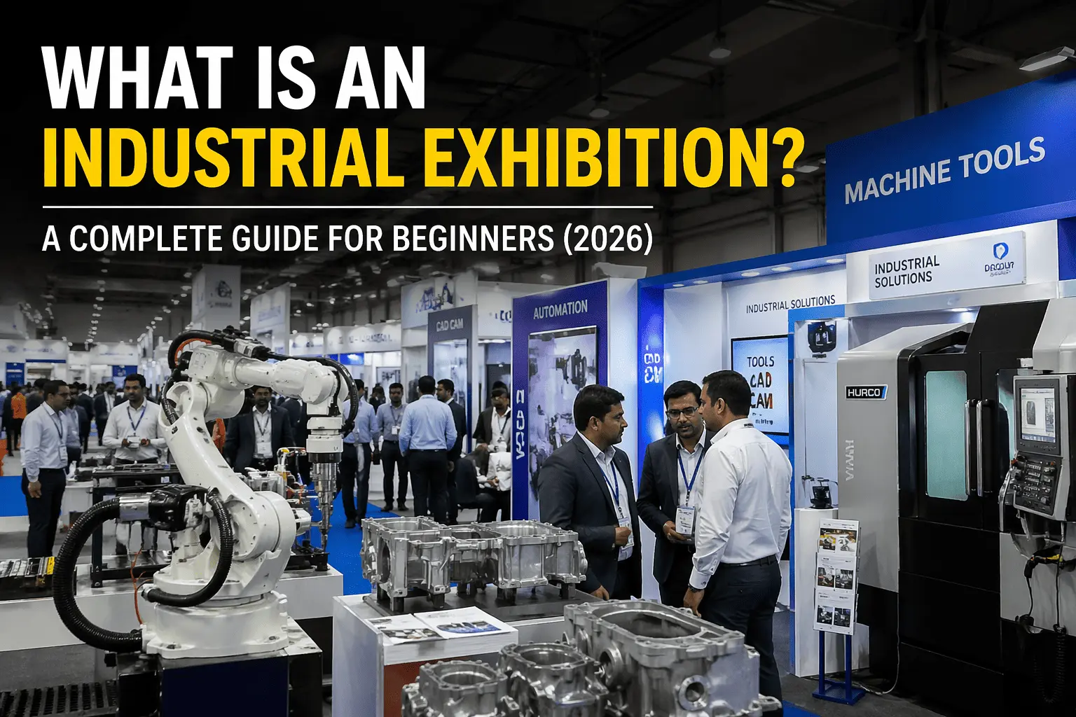 Industrial exhibition in 2026 showing CNC machines, robotics, and engineers interacting at a manufacturing trade show
